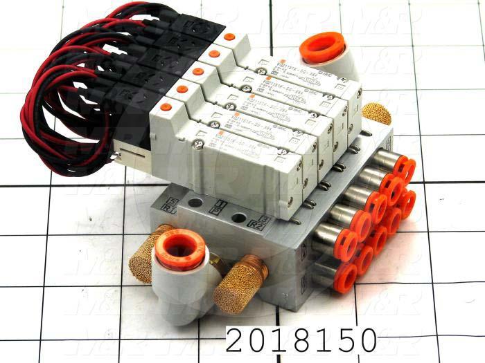 Valves, Electro Mechanical Type, 3 Position / 5 Way Operation, Double Coil, 24 VDC Coil Voltage, 5 Stations, With Built-in Fittings, 160 Psi Max. Pressure, .26 CCV, Chopper Function