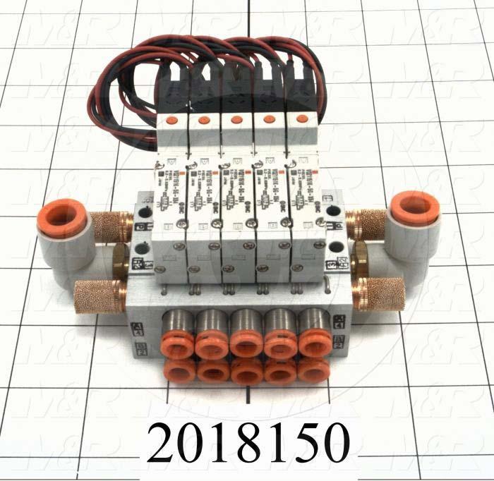 Valves, Electro Mechanical Type, 3 Position / 5 Way Operation, Double Coil, 24 VDC Coil Voltage, 5 Stations, With Built-in Fittings, 160 Psi Max. Pressure, .26 CCV, Chopper Function