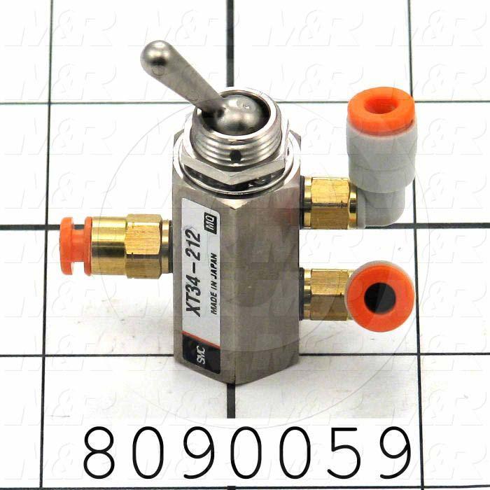 Valves Mechanical / Hand, Manual Valve Type, 2 Position 3 Way Operation, 2018011 with Fitting Male Straight IN and 2 Fittings Male Swivel Elbows OUT